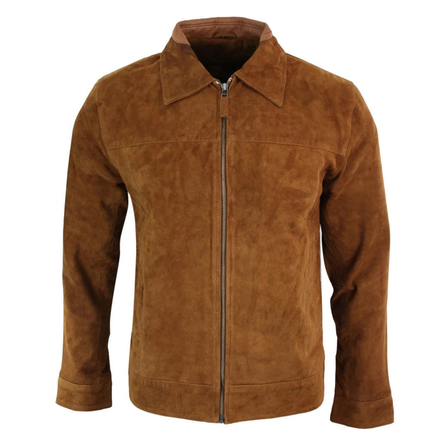 Jasnobrązowa kurtka z zamkiem męska zamszowa skórzana klasyczna z kołnierzem składanym - Infinity Leather - 1