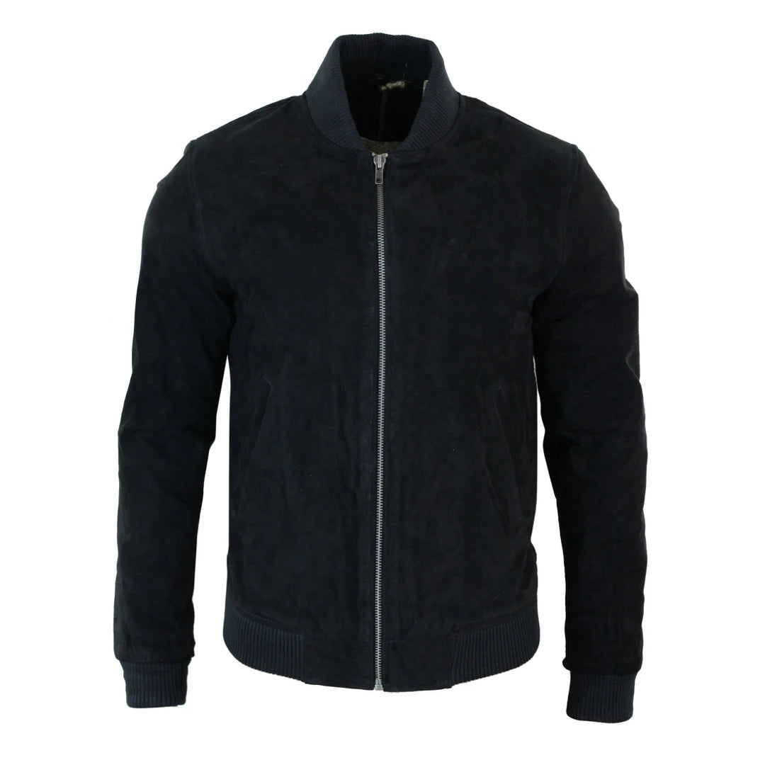 Chaqueta Bomber para caballero Infinity Varsity cuero de ante auténtico estilo Clásico Retro Vintage - Negro - Infinity Leather - 1