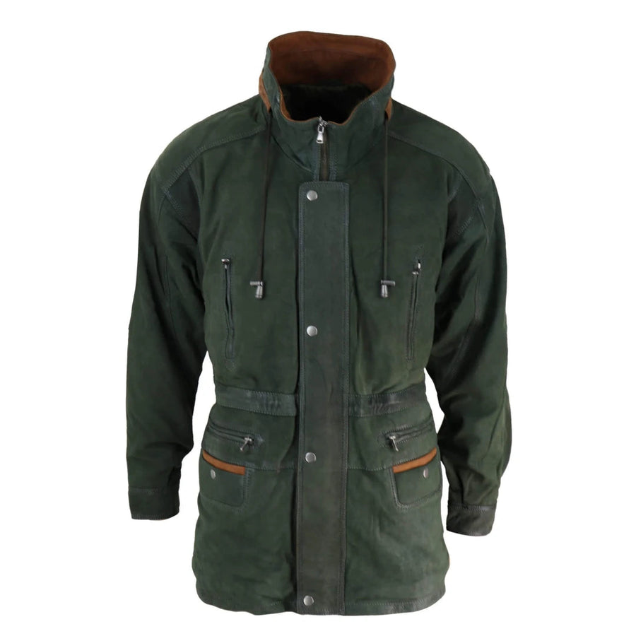 Herrenjacke 100% Echtleder Safari Jäger Design Parka Jacke 3/4 Länge Klassisch - Grün - Infinity Leather - 1