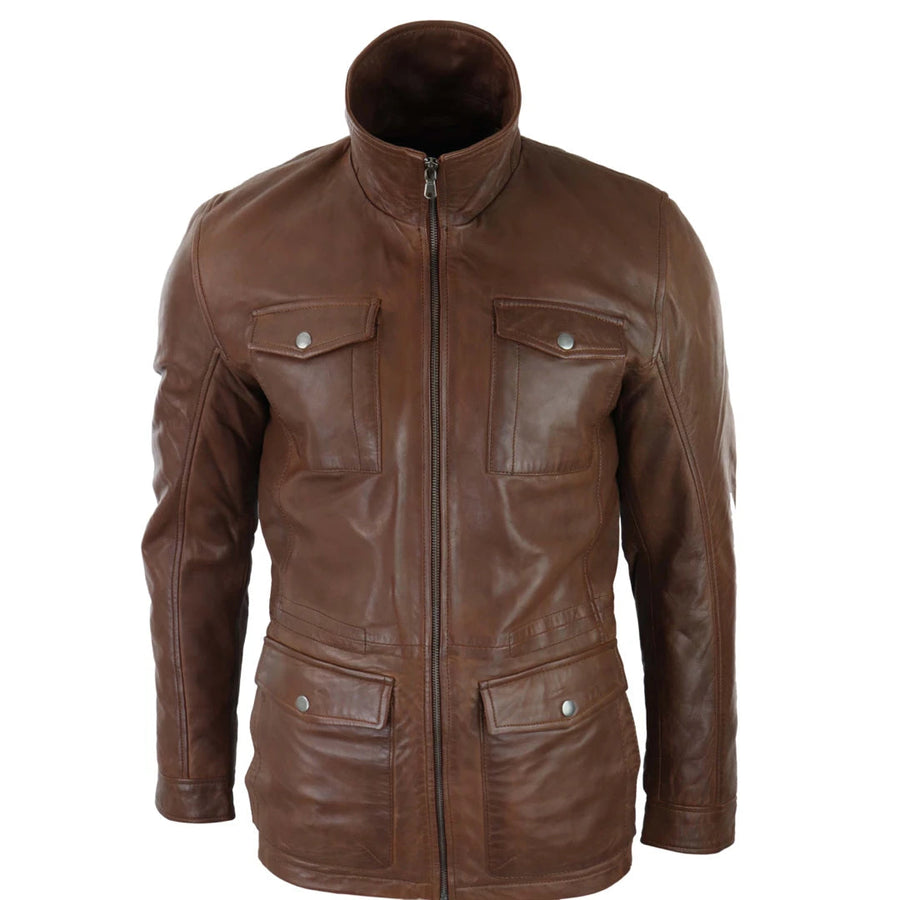 Herrenjacke 100% Echtleder 3/4 Länge Safari Jäger Design Klassisch - Infinity Leather - 1