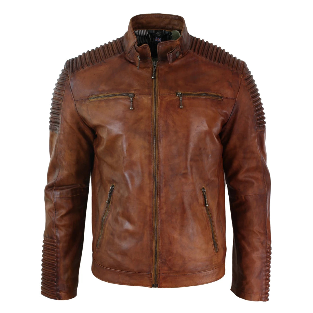 Men's Tan Brown Washed Leather Jacket Zipped - Aviatrix - 1