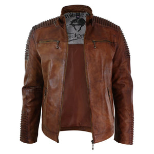 Men's Tan Brown Washed Leather Jacket Zipped - Aviatrix - 4