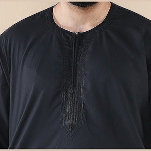Mens Thobe Jubba Islamic Clothing Kaftan Half Sleeve Robe Moroccan Arab Zipped - Black - Thobez - 10