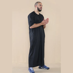 Mens Thobe Jubba Islamic Clothing Kaftan Half Sleeve Robe Moroccan Arab Zipped - Black - Thobez - 11