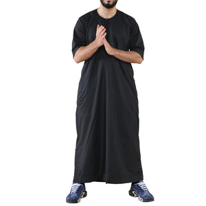 Mens Thobe Jubba Islamic Clothing Kaftan Half Sleeve Robe Moroccan Arab Zipped - Black - Thobez - 7