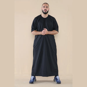 Mens Thobe Jubba Islamic Clothing Kaftan Half Sleeve Robe Moroccan Arab Zipped - Black - Thobez - 8