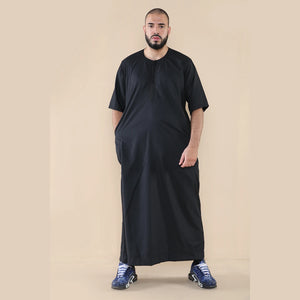 Mens Thobe Jubba Islamic Clothing Kaftan Half Sleeve Robe Moroccan Arab Zipped - Black - Thobez - 9