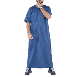 Mens Thobe Jubba Islamic Clothing Kaftan Half Sleeve Robe Moroccan Arab Zipped - Blue - Thobez - 1