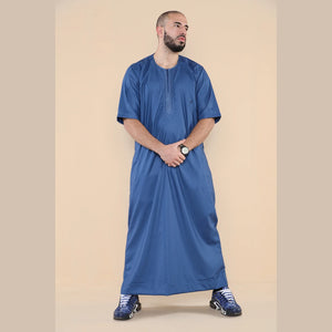Mens Thobe Jubba Islamic Clothing Kaftan Half Sleeve Robe Moroccan Arab Zipped - Blue - Thobez - 2