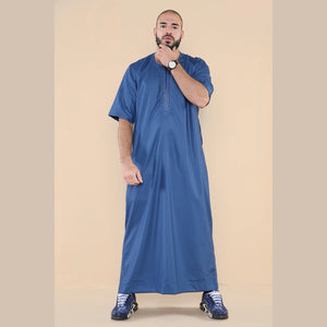 Mens Thobe Jubba Islamic Clothing Kaftan Half Sleeve Robe Moroccan Arab Zipped - Blue - Thobez - 3