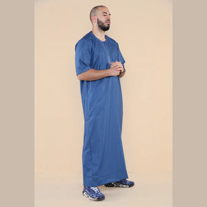 Mens Thobe Jubba Islamic Clothing Kaftan Half Sleeve Robe Moroccan Arab Zipped - Blue - Thobez - 5