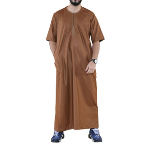 Mens Thobe Jubba Islamic Clothing Kaftan Half Sleeve Robe Moroccan Arab Zipped - Brown - Thobez - 13