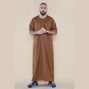 Mens Thobe Jubba Islamic Clothing Kaftan Half Sleeve Robe Moroccan Arab Zipped - Brown - Thobez - 15