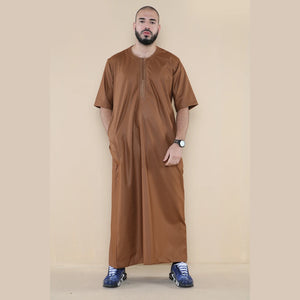 Mens Thobe Jubba Islamic Clothing Kaftan Half Sleeve Robe Moroccan Arab Zipped - Brown - Thobez - 16
