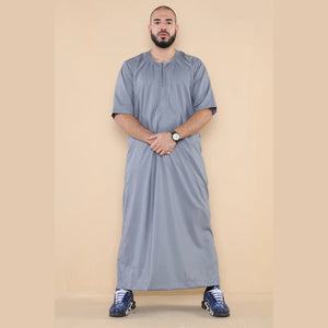 Mens Thobe Jubba Islamic Clothing Kaftan Half Sleeve Robe Moroccan Arab Zipped - Grey - Thobez - 20