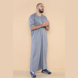 Mens Thobe Jubba Islamic Clothing Kaftan Half Sleeve Robe Moroccan Arab Zipped - Grey - Thobez - 23