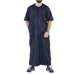 Mens Thobe Jubba Islamic Clothing Kaftan Half Sleeve Robe Moroccan Arab Zipped - Navy - Thobez - 25