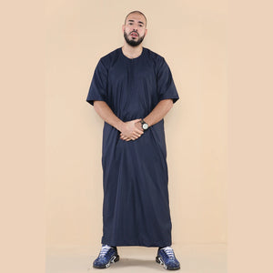 Mens Thobe Jubba Islamic Clothing Kaftan Half Sleeve Robe Moroccan Arab Zipped - Navy - Thobez - 26