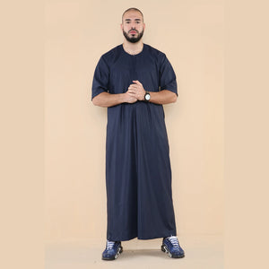 Mens Thobe Jubba Islamic Clothing Kaftan Half Sleeve Robe Moroccan Arab Zipped - Navy - Thobez - 27