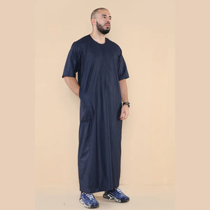 Mens Thobe Jubba Islamic Clothing Kaftan Half Sleeve Robe Moroccan Arab Zipped - Navy - Thobez - 28