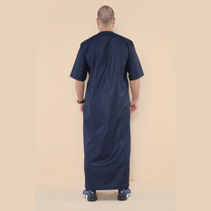Mens Thobe Jubba Islamic Clothing Kaftan Half Sleeve Robe Moroccan Arab Zipped - Navy - Thobez - 30