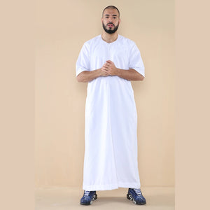 Mens Thobe Jubba Islamic Clothing Kaftan Half Sleeve Robe Moroccan Arab Zipped - White - Thobez - 32