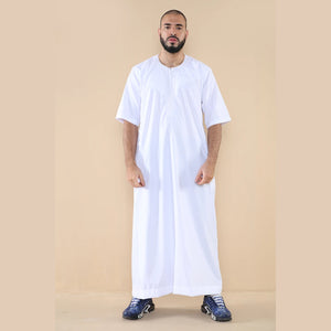 Mens Thobe Jubba Islamic Clothing Kaftan Half Sleeve Robe Moroccan Arab Zipped - White - Thobez - 33