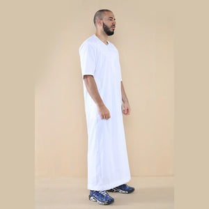 Mens Thobe Jubba Islamic Clothing Kaftan Half Sleeve Robe Moroccan Arab Zipped - White - Thobez - 35