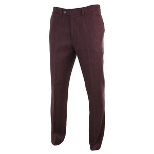Men's Tweed Check Herringbone Blinders Trousers Regular - Burgundy - House of Cavani - 2