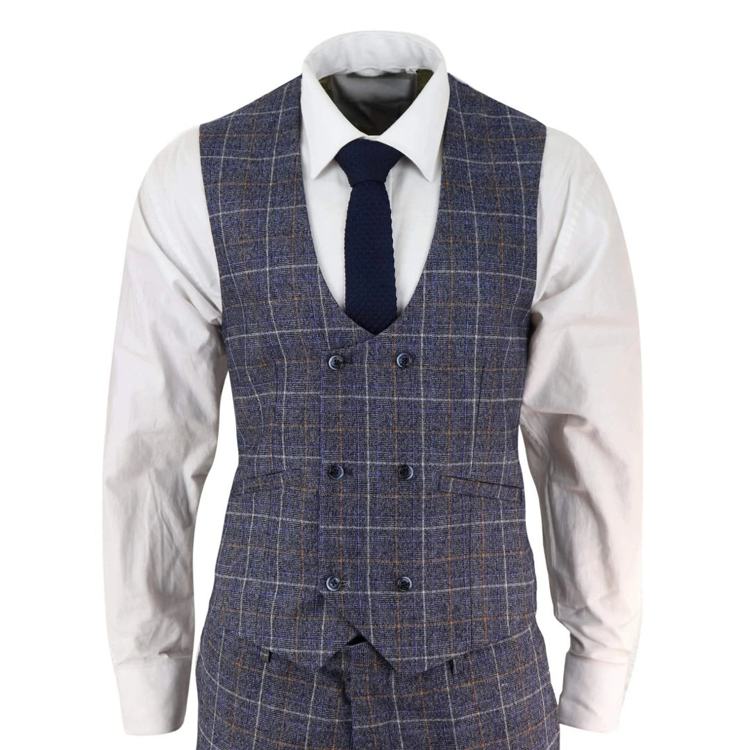 Gilet Mono Doppio Petto da Uomo Tweed a Scacchi Classico Vintage - House of Cavani - 1