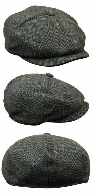 Men's Tweed Newsboy Cap Peaky Blinder Flat Check Grandad Hat - Olive - King Ice - 6