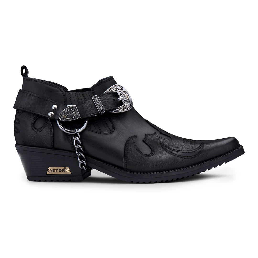 Scarpe Western da Uomo Vera Pelle Effetto Coccodrillo Cintura in Metallo e Tacco Cubano - Nero - Etor - 1