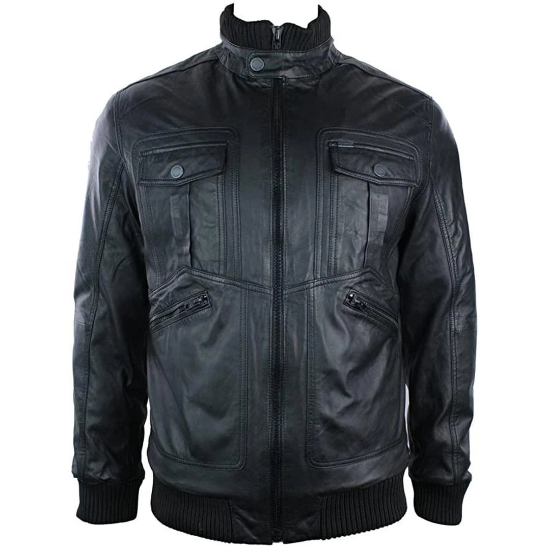 Herren-Bomberjacke aus urbanem Leder hoher Kragen Reißverschlusstaschen Schwarz - TruClothing.com - 1