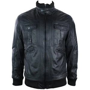 Herren-Bomberjacke aus urbanem Leder hoher Kragen Reißverschlusstaschen Schwarz - TruClothing.com - 1