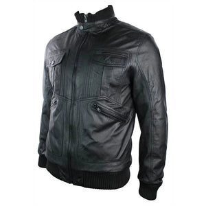 Herren-Bomberjacke aus urbanem Leder hoher Kragen Reißverschlusstaschen Schwarz - TruClothing.com - 2
