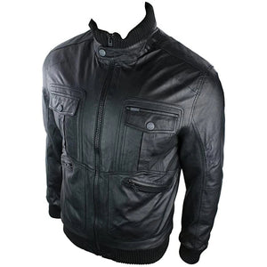 Herren-Bomberjacke aus urbanem Leder hoher Kragen Reißverschlusstaschen Schwarz - TruClothing.com - 3
