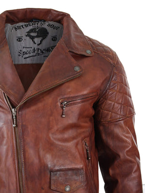 Men's Washed Brown Black Leather Biker Jacket Cross Zip - Aviatrix - 21
