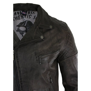 Men's Washed Brown Black Leather Biker Jacket Cross Zip - Aviatrix - 22