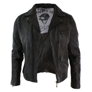 Men's Washed Brown Black Leather Biker Jacket Cross Zip - Aviatrix - 23