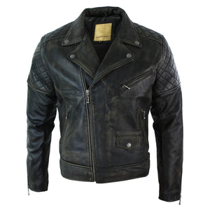 Men's Washed Brown Black Leather Biker Jacket Cross Zip - Aviatrix - 24