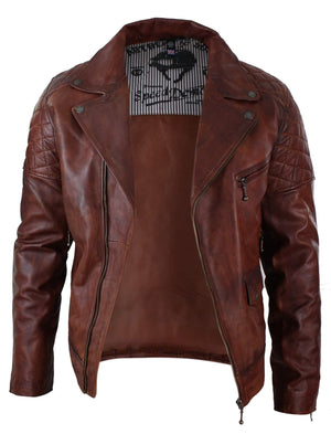 Men's Washed Brown Black Leather Biker Jacket Cross Zip - Aviatrix - 25