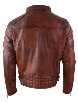 Men's Washed Brown Black Leather Biker Jacket Cross Zip - Aviatrix - 26