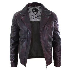 Men's Washed Brown Black Leather Biker Jacket Cross Zip - Aviatrix - 27