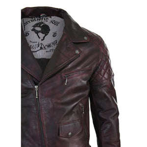 Men's Washed Brown Black Leather Biker Jacket Cross Zip - Aviatrix - 28