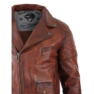Men's Washed Brown Black Leather Biker Jacket Cross Zip - Aviatrix - 31