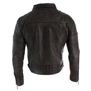 Men's Washed Brown Black Leather Biker Jacket Cross Zip - Aviatrix - 35