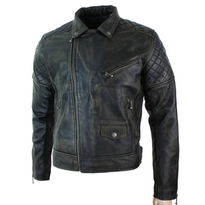 Men's Washed Brown Black Leather Biker Jacket Cross Zip - Aviatrix - 37