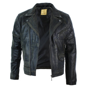 Men's Washed Brown Black Leather Biker Jacket Cross Zip - Aviatrix - 38