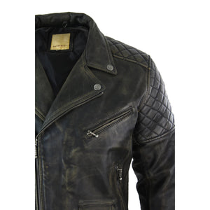 Men's Washed Brown Black Leather Biker Jacket Cross Zip - Aviatrix - 39