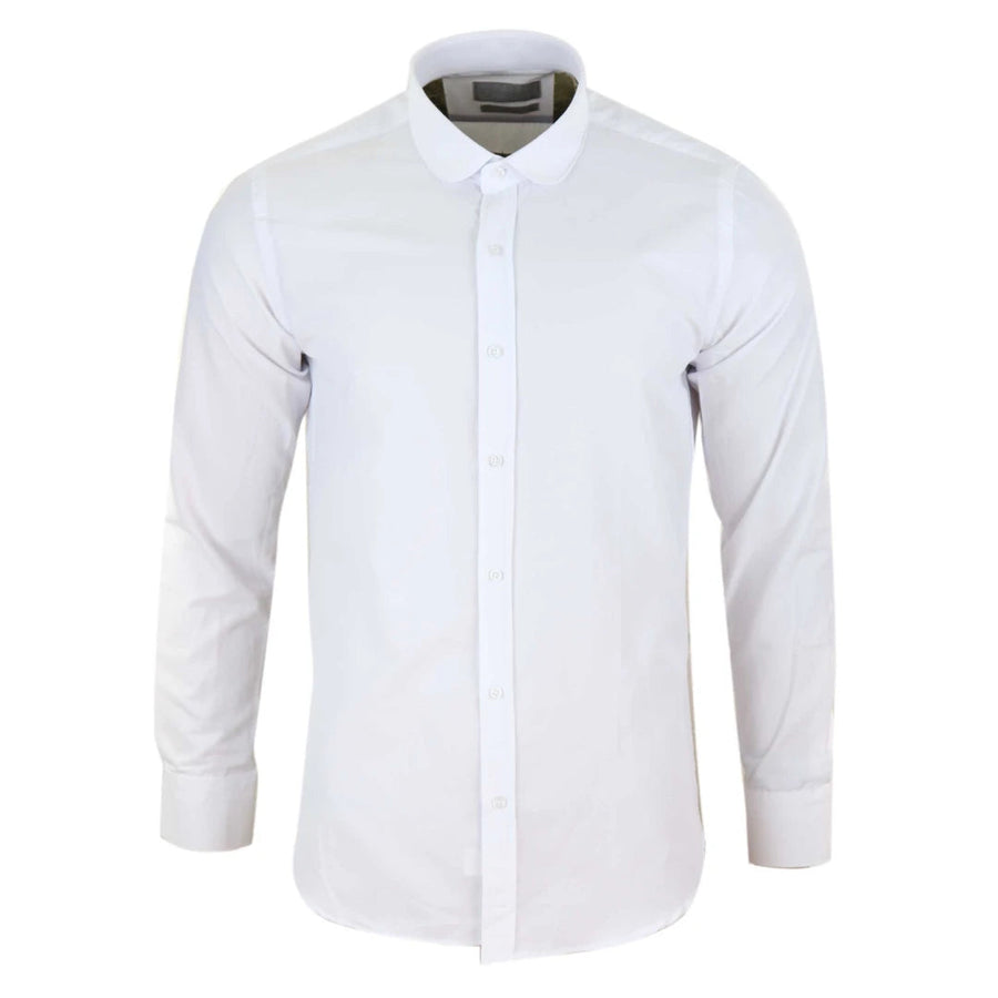 Men's White Classic Round Collar Button Shirt Slim Regular Fit